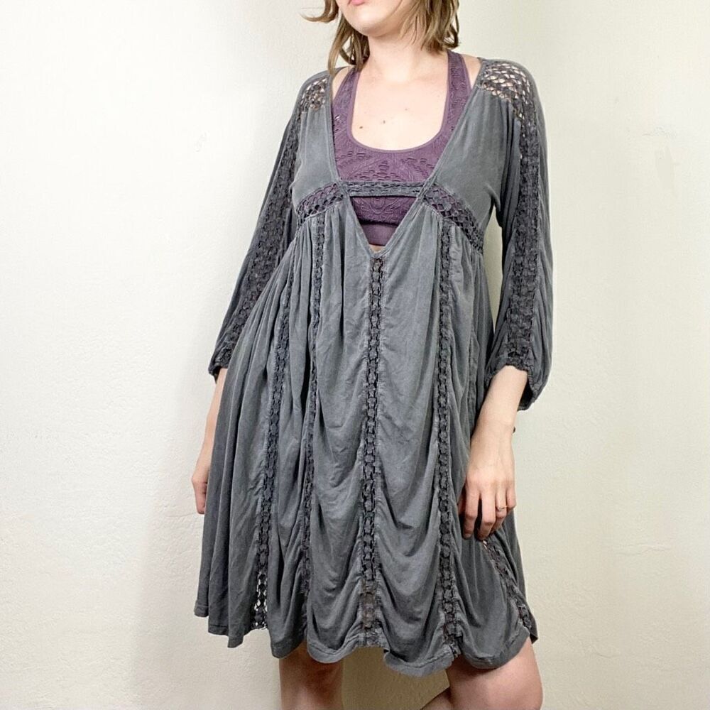 Vintage y2k Pol Grey Deep V Ladder Lace Grunge Fairy Long Sleeve Dress Size S